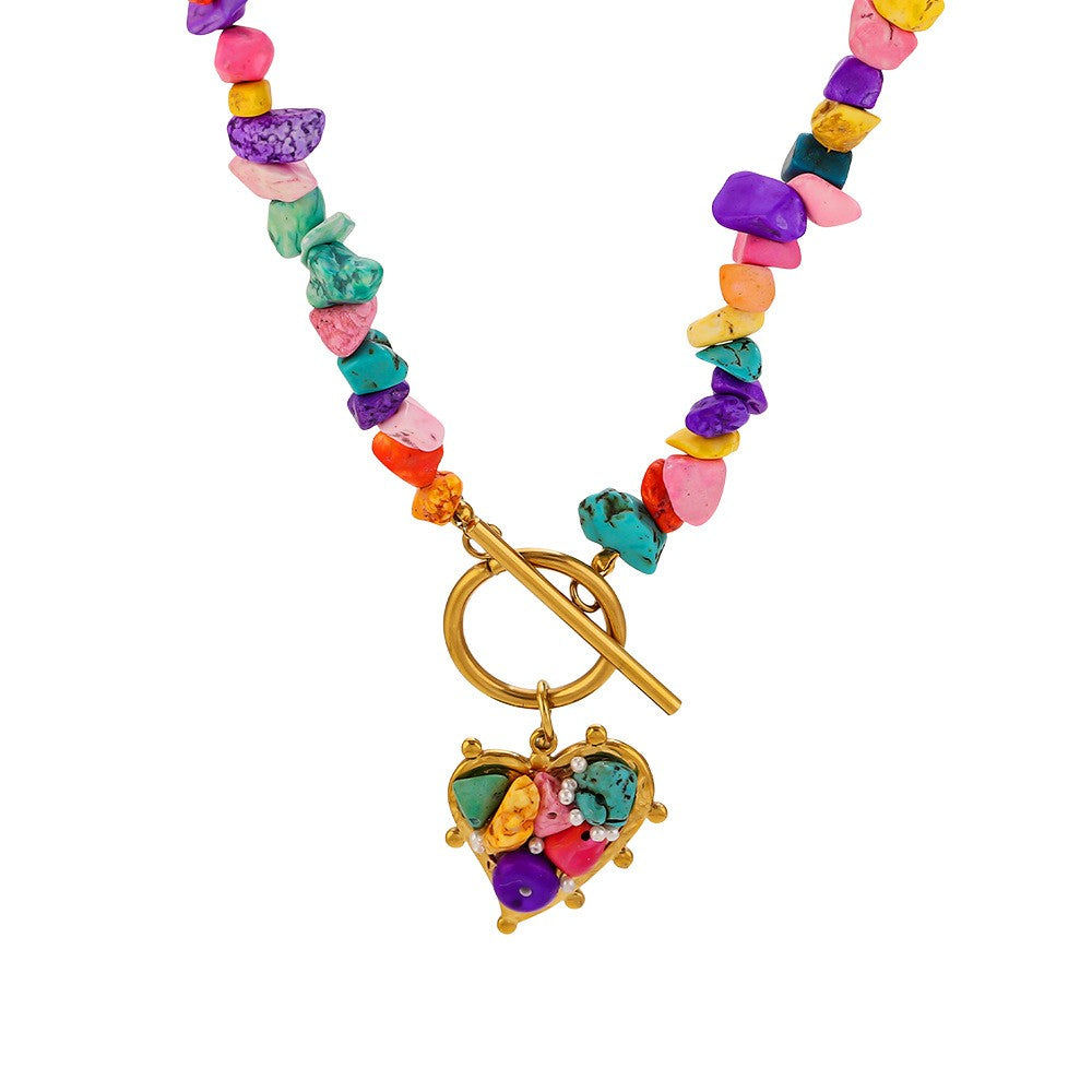 Boho Colorful Stone Heart OT Necklace