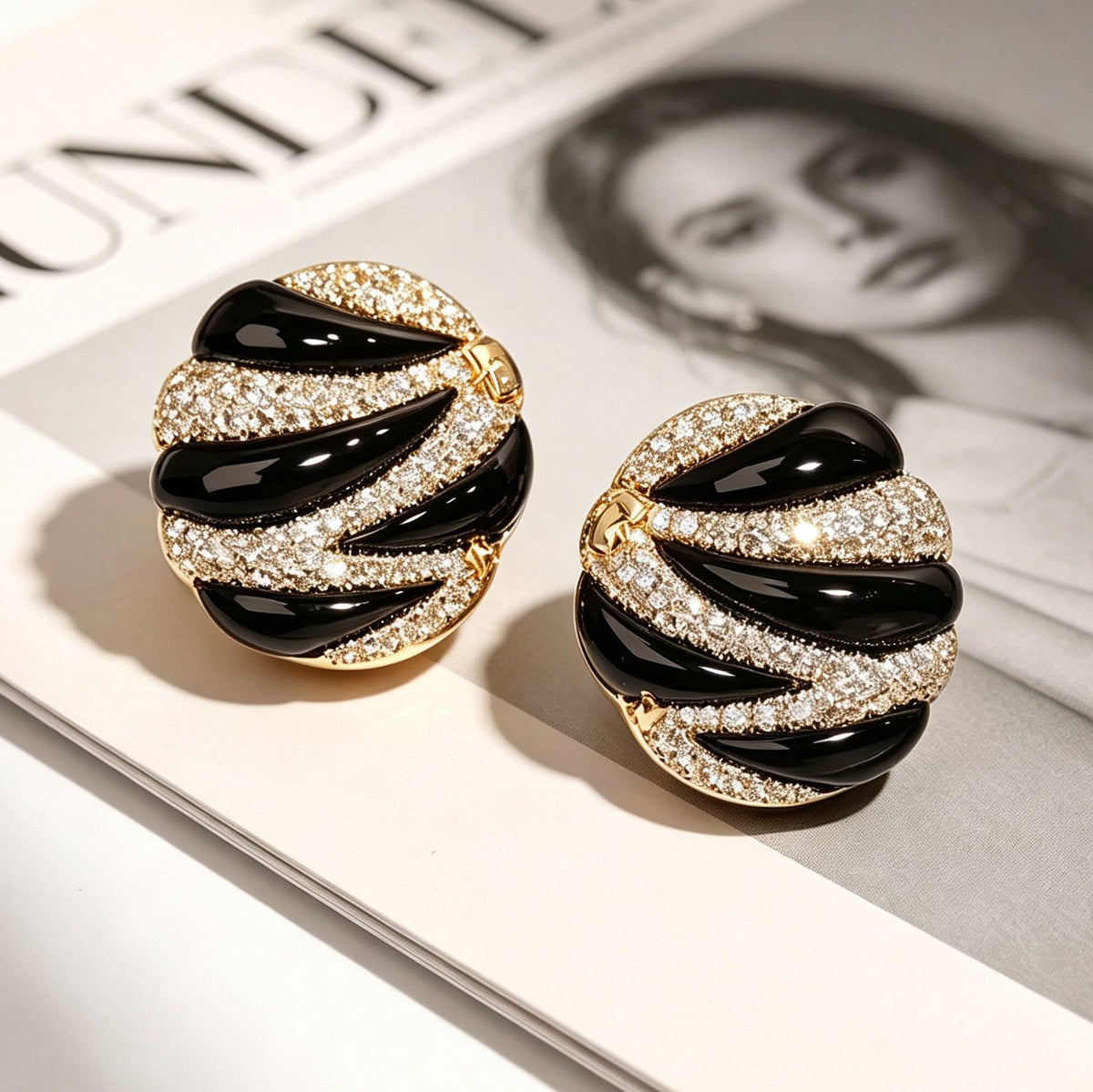 Classy Black Enamel Pave Stud Earrings