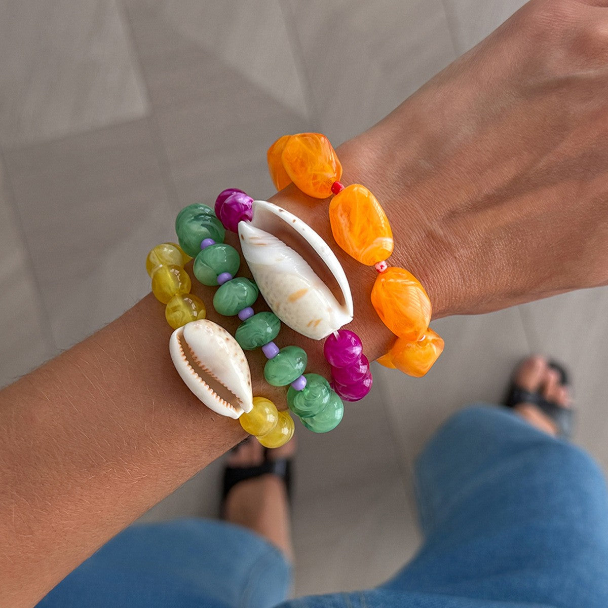Boho Colorful Resin & Shell Stretch Bracelet Set