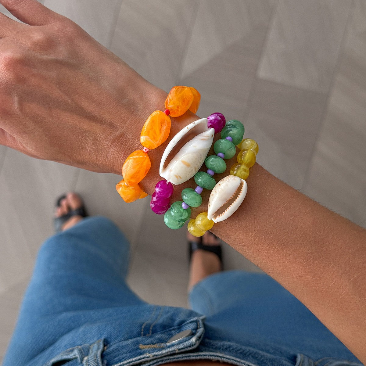 Boho Colorful Resin & Shell Stretch Bracelet Set
