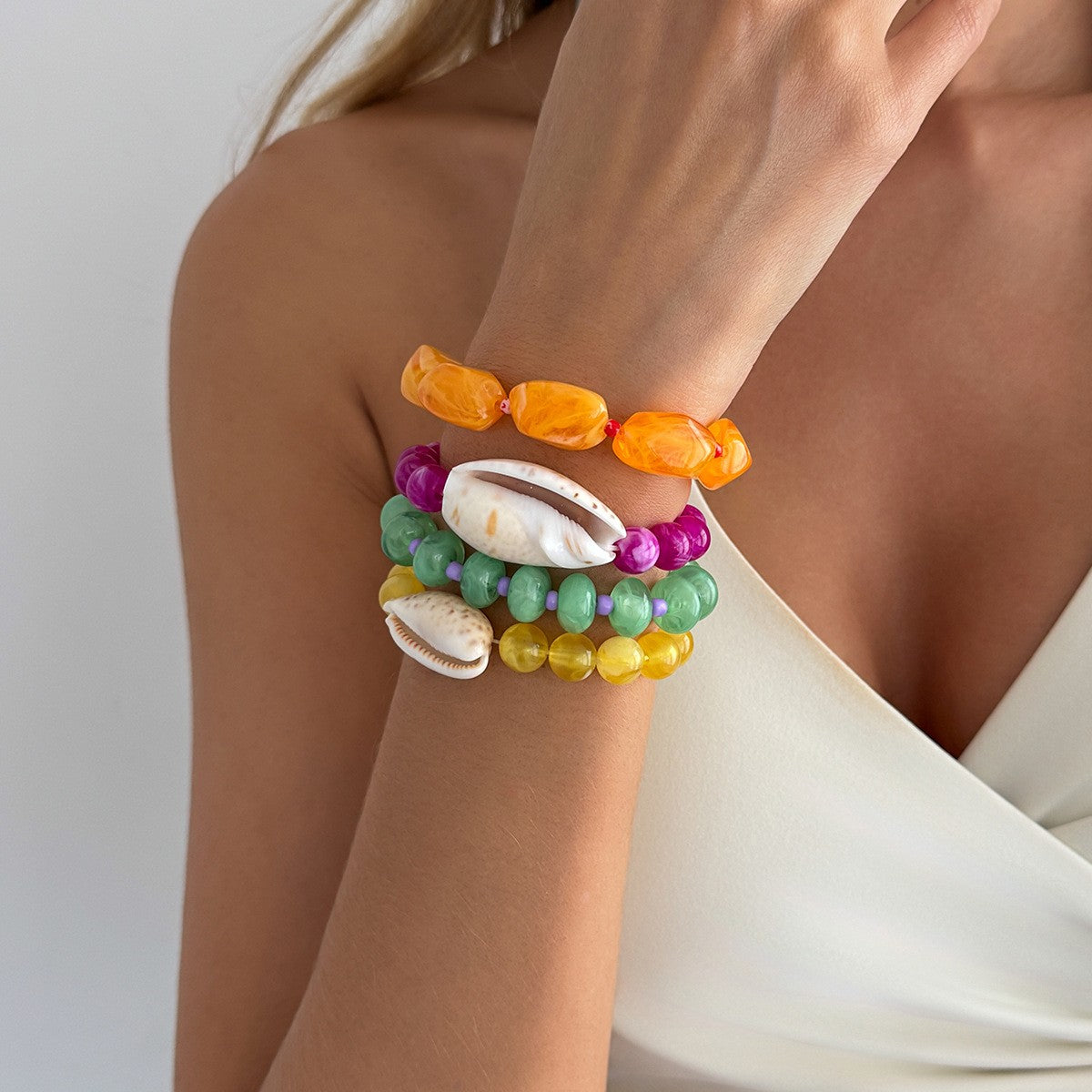 Boho Colorful Resin & Shell Stretch Bracelet Set