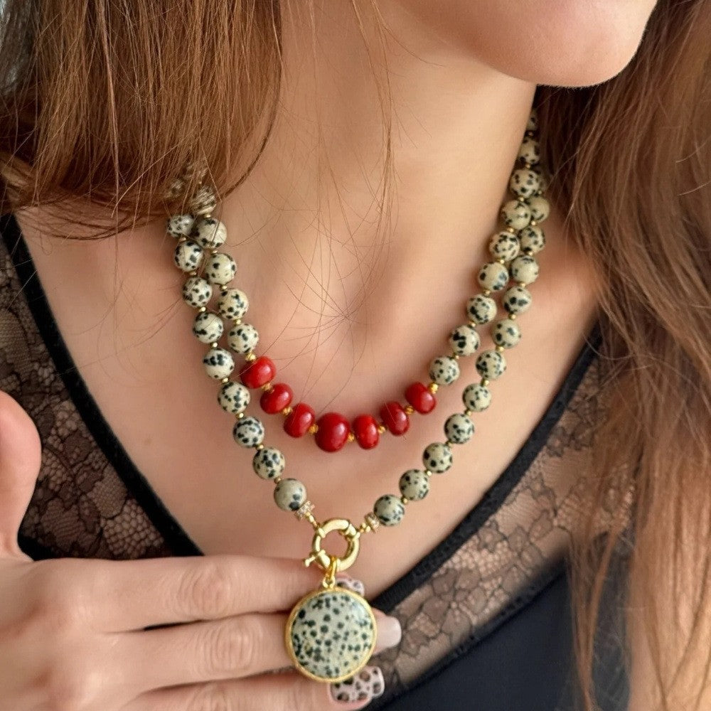 Boho Dalmatian Stone Beaded Necklace