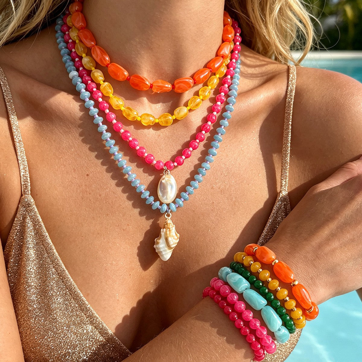 Boho Colorful Resin Shell Necklace & Bracelet Set