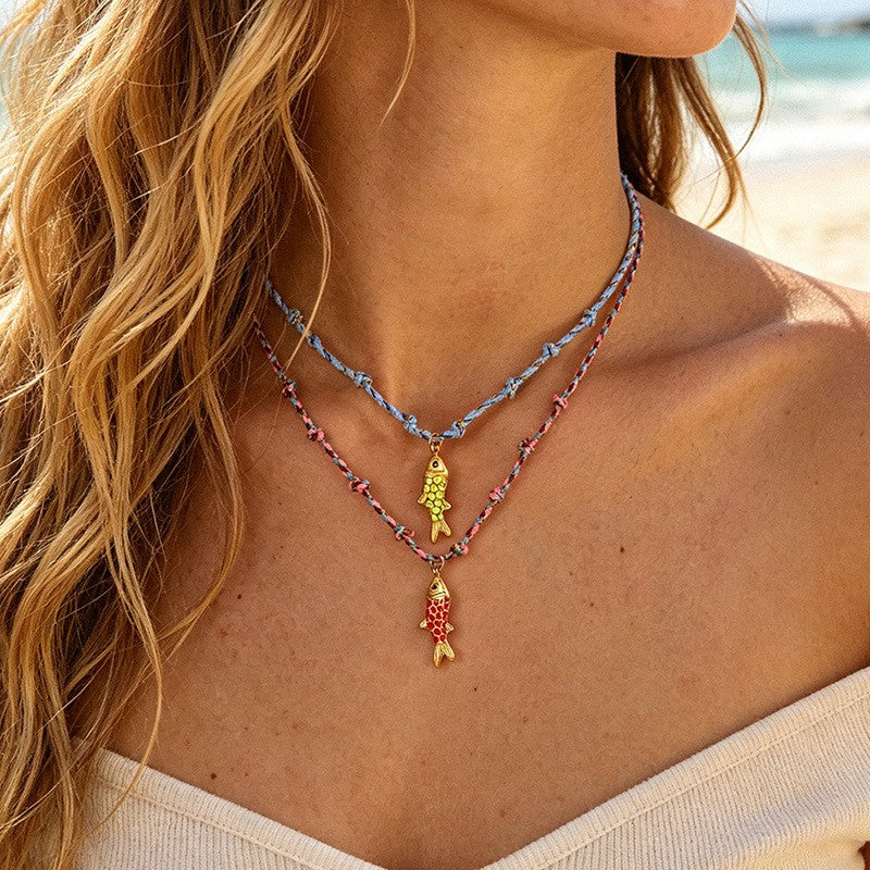 Boho Layered Enamel Fish Cord Necklace