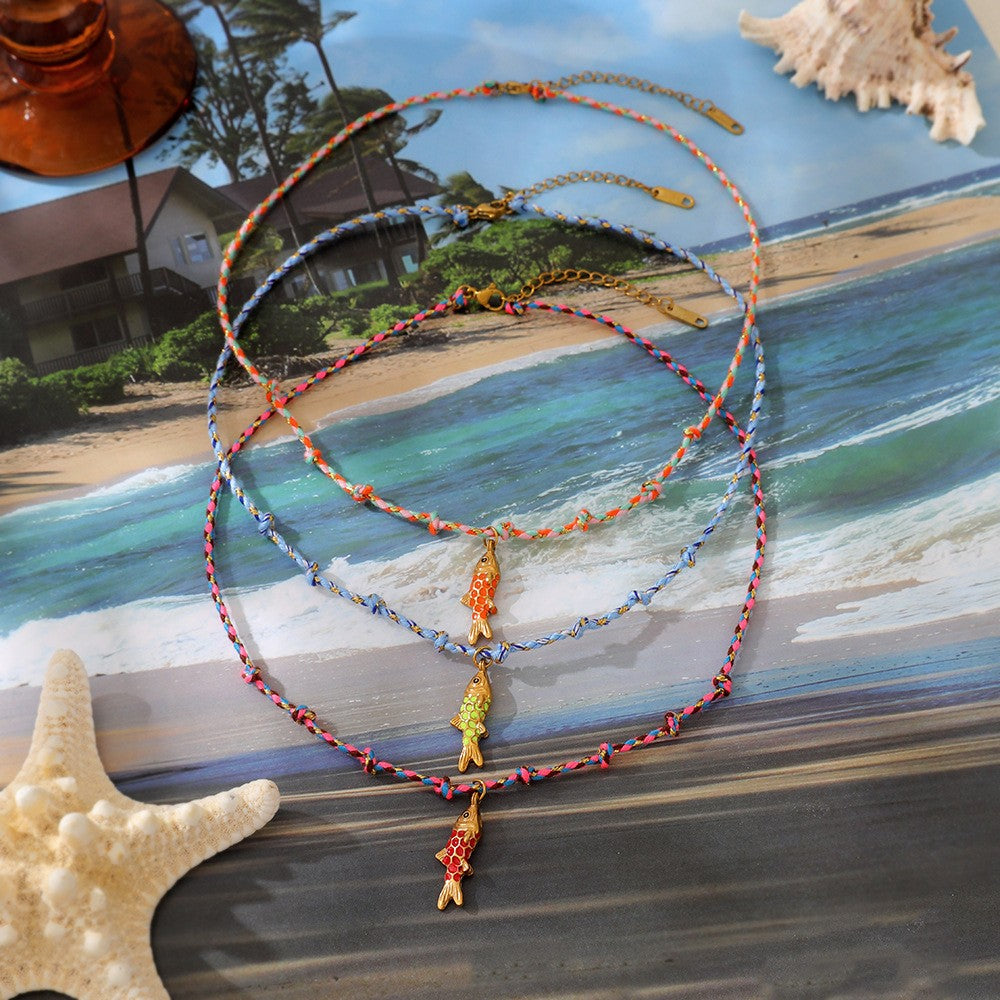 Boho Layered Enamel Fish Cord Necklace