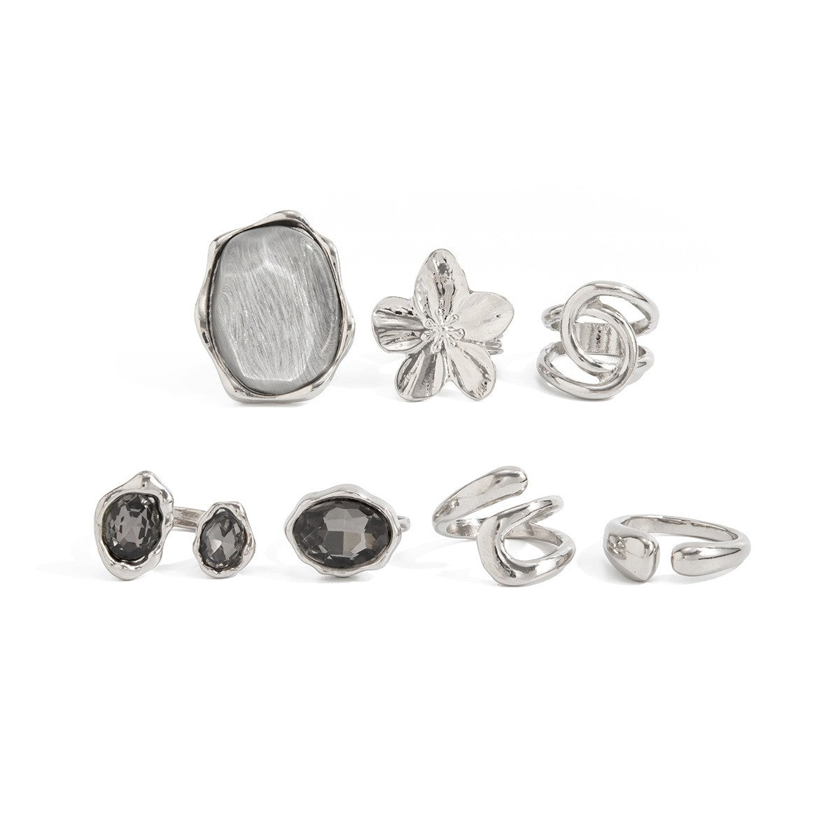 7pc Classy Floral & Gem Ring Set