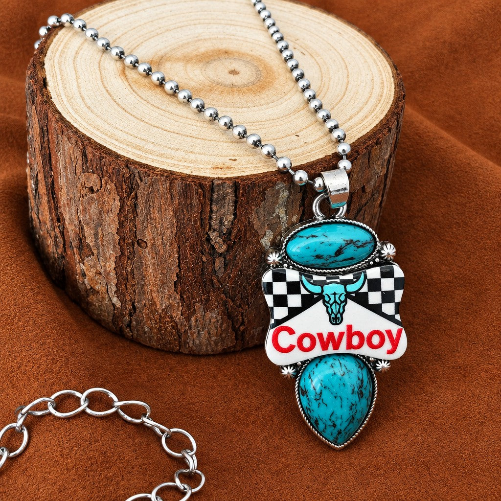 Vintage Western Cowboy Checkered Necklace, Earring & Ring Set