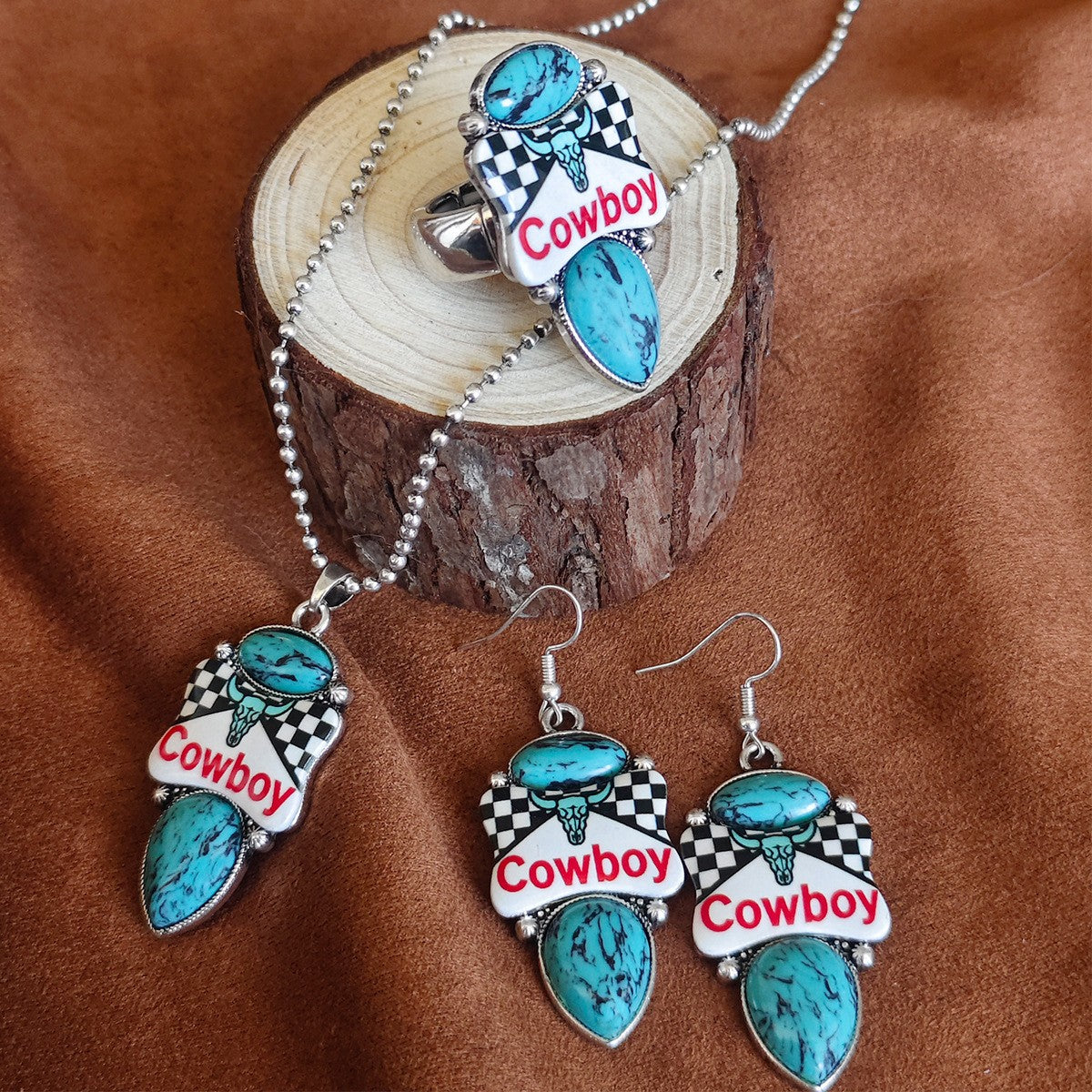 Vintage Western Cowboy Checkered Necklace, Earring & Ring Set