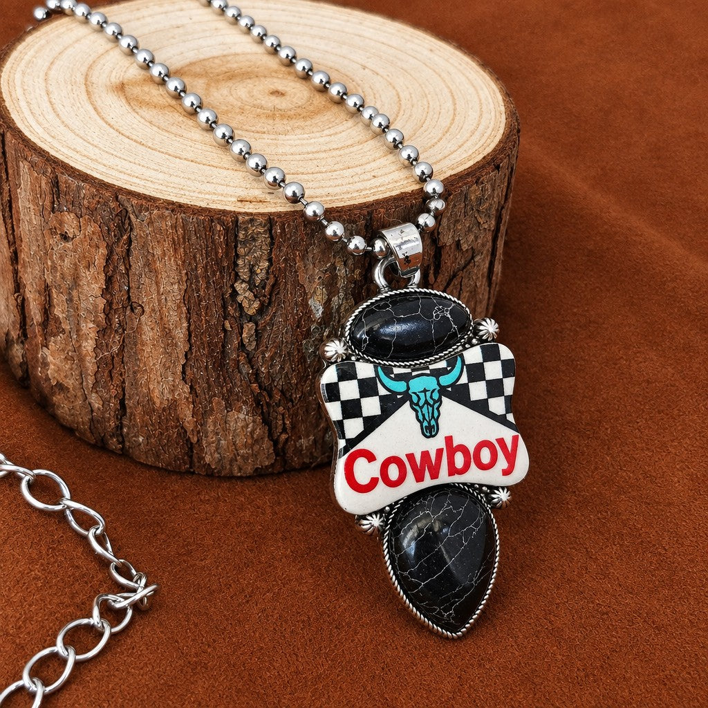 Vintage Western Cowboy Checkered Necklace, Earring & Ring Set
