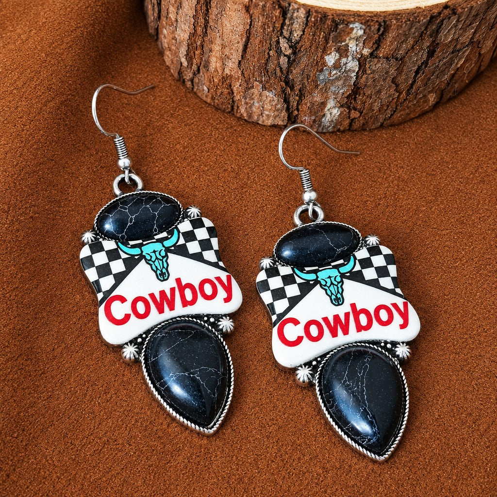 Vintage Western Cowboy Checkered Necklace, Earring & Ring Set
