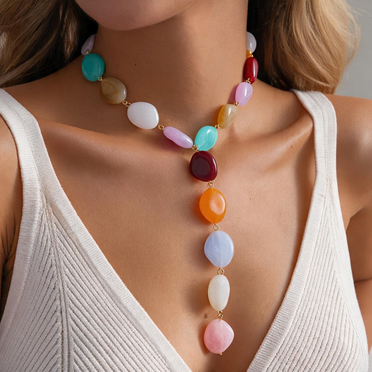 Boho Multi-Color Pebble Y-Drop Necklace