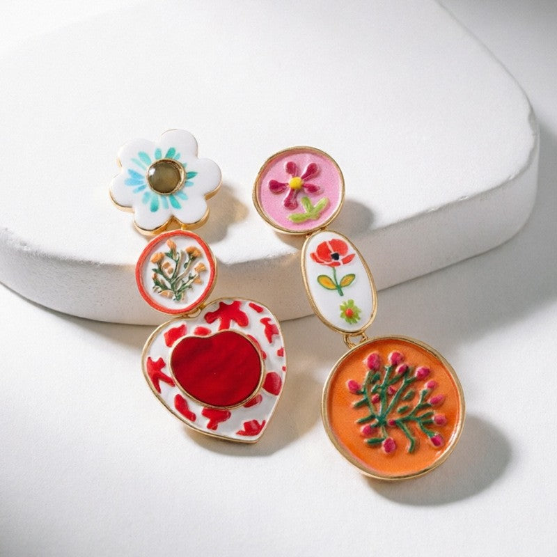 Romantic Asymmetric Enamel Floral Drop Earrings