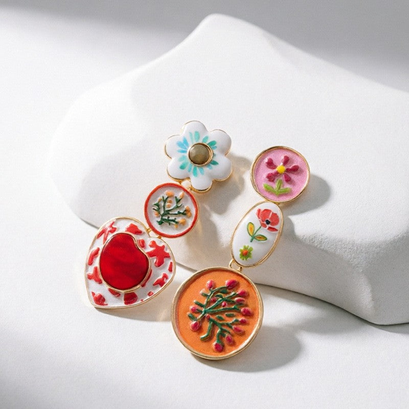 Romantic Asymmetric Enamel Floral Drop Earrings