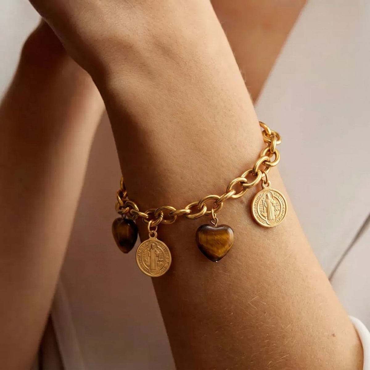 Boho Tiger Eye Saint Medal Bracelet