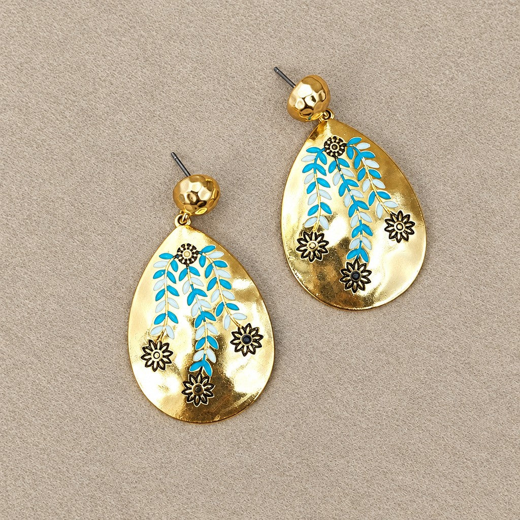 Classy Blue Enamel Floral Teardrop Earrings