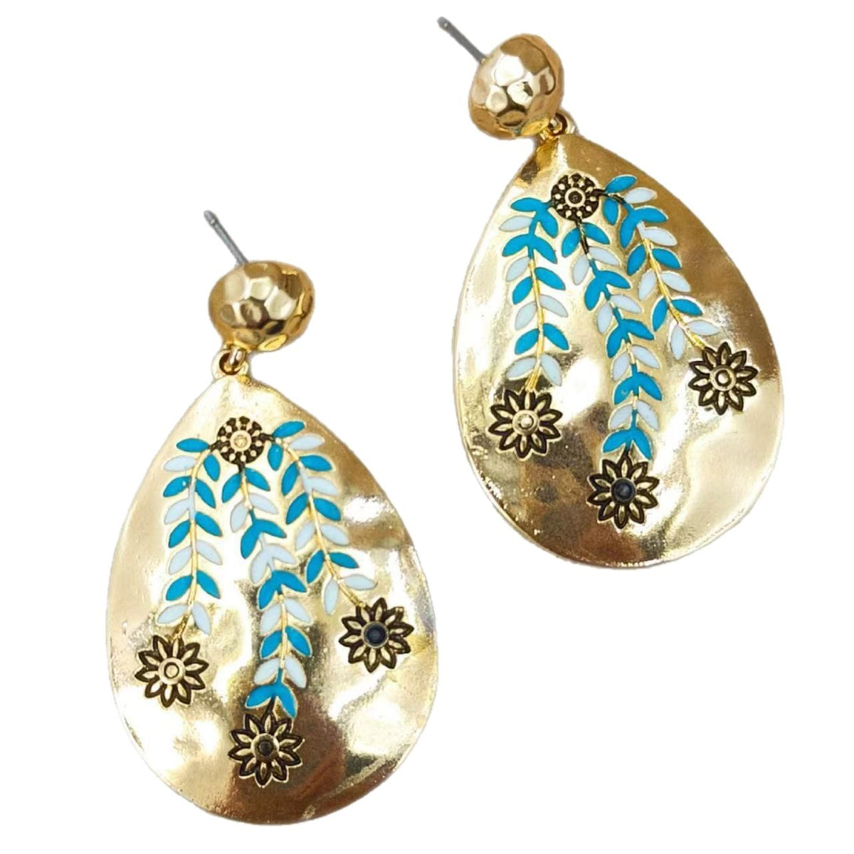 Classy Blue Enamel Floral Teardrop Earrings