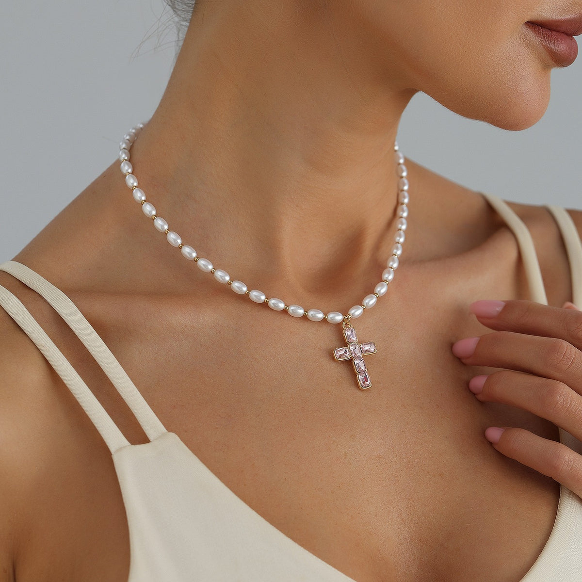 Classy Faux Pearl Pink Cross Necklace