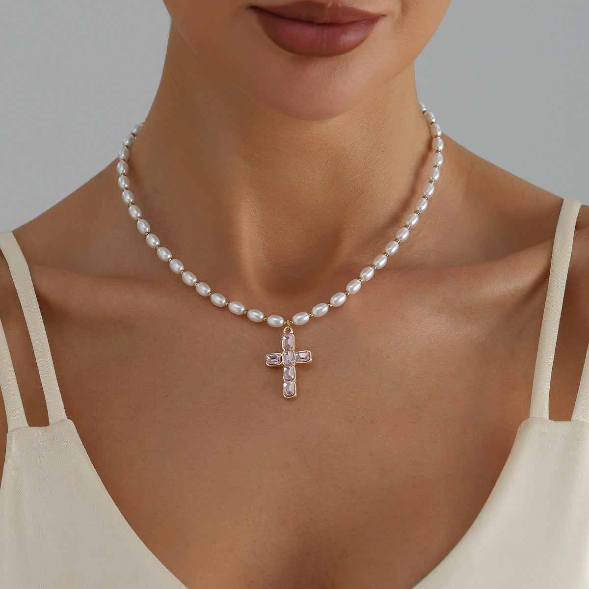 Classy Faux Pearl Pink Cross Necklace