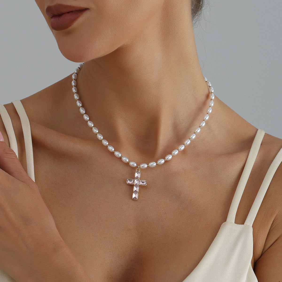 Classy Faux Pearl Pink Cross Necklace