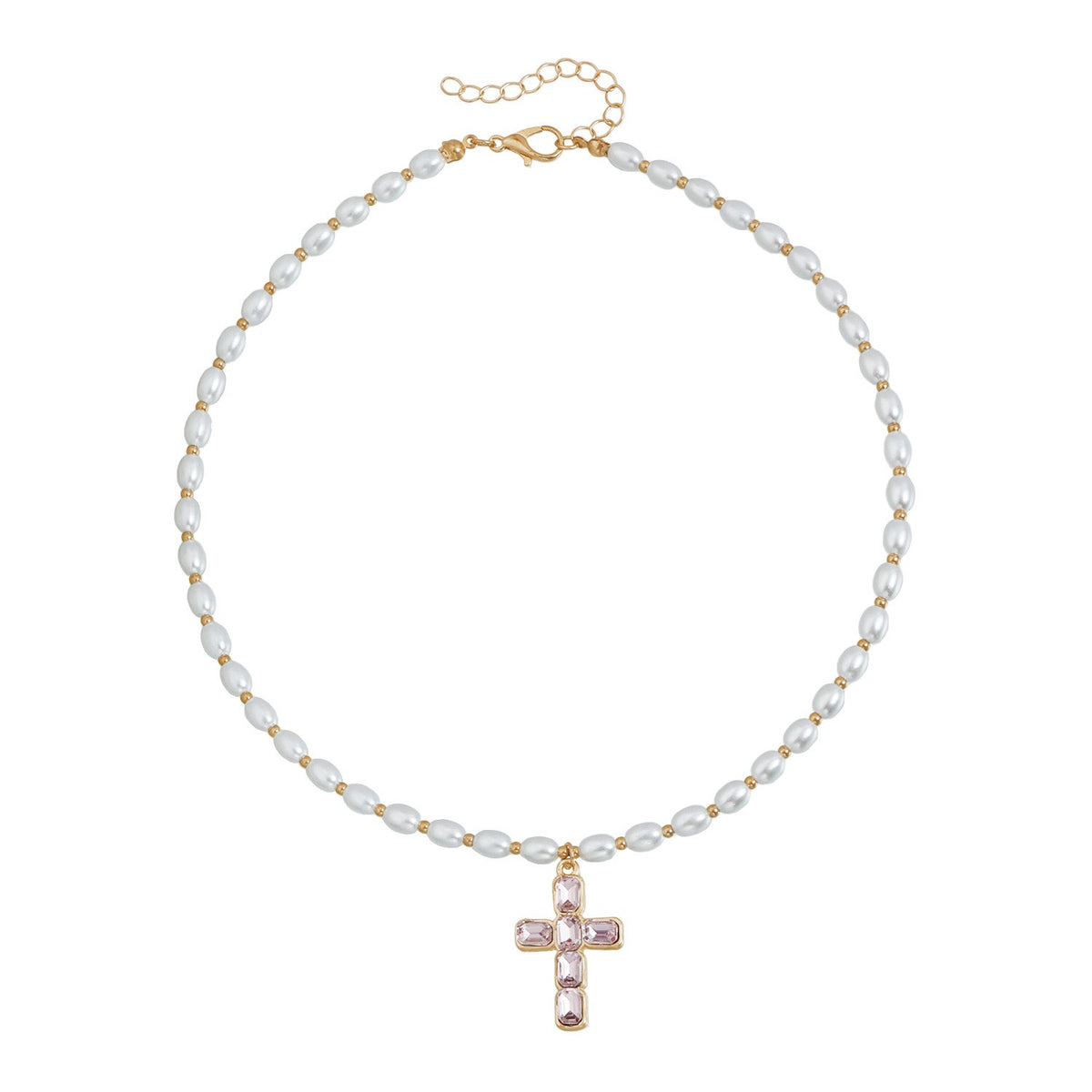 Classy Faux Pearl Pink Cross Necklace