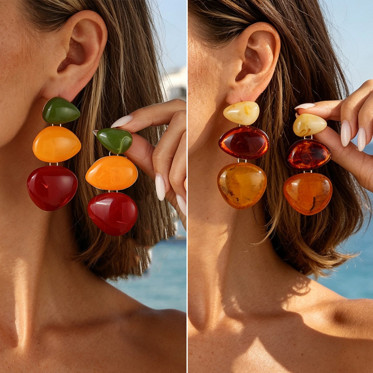 Boho Colorblock Resin Pebble Drop Earrings