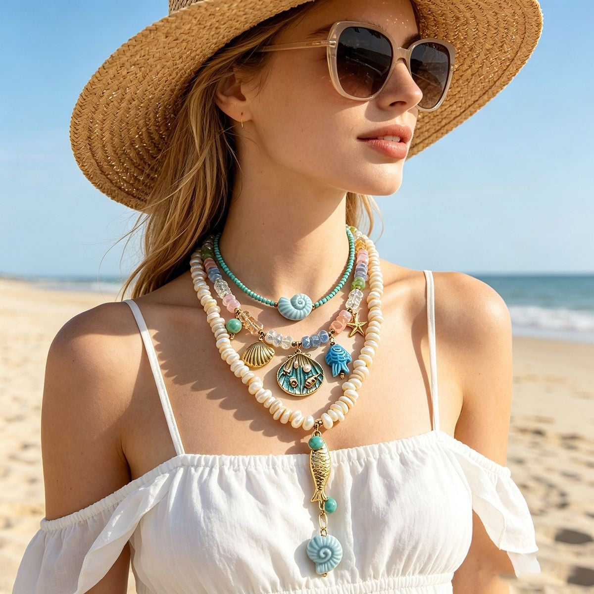 18k Boho Layered Ocean Charm Necklace