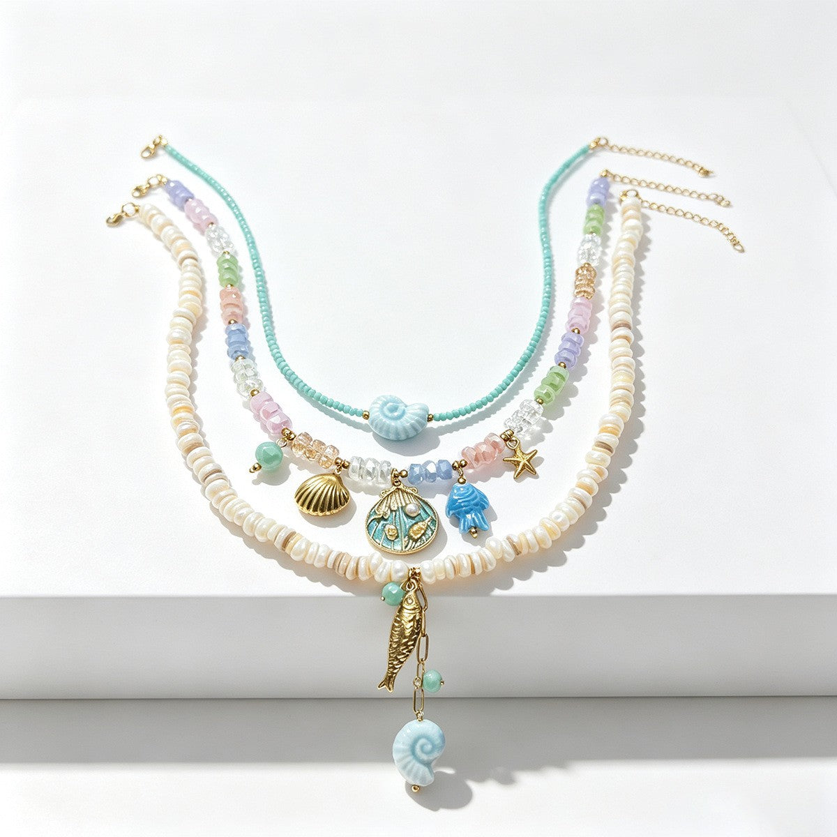 18k Boho Layered Ocean Charm Necklace