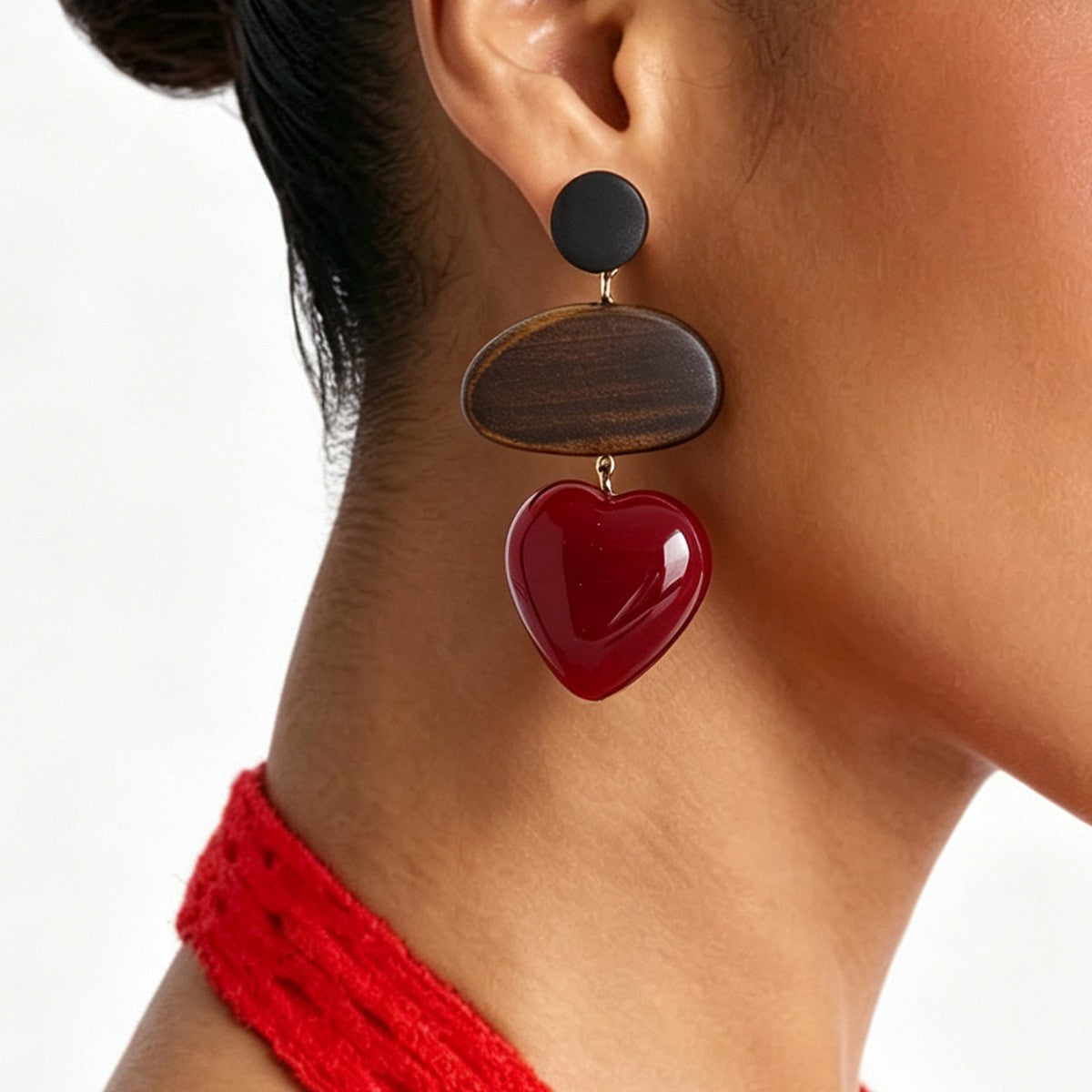 Vintage Wood Red Heart Drop Earrings