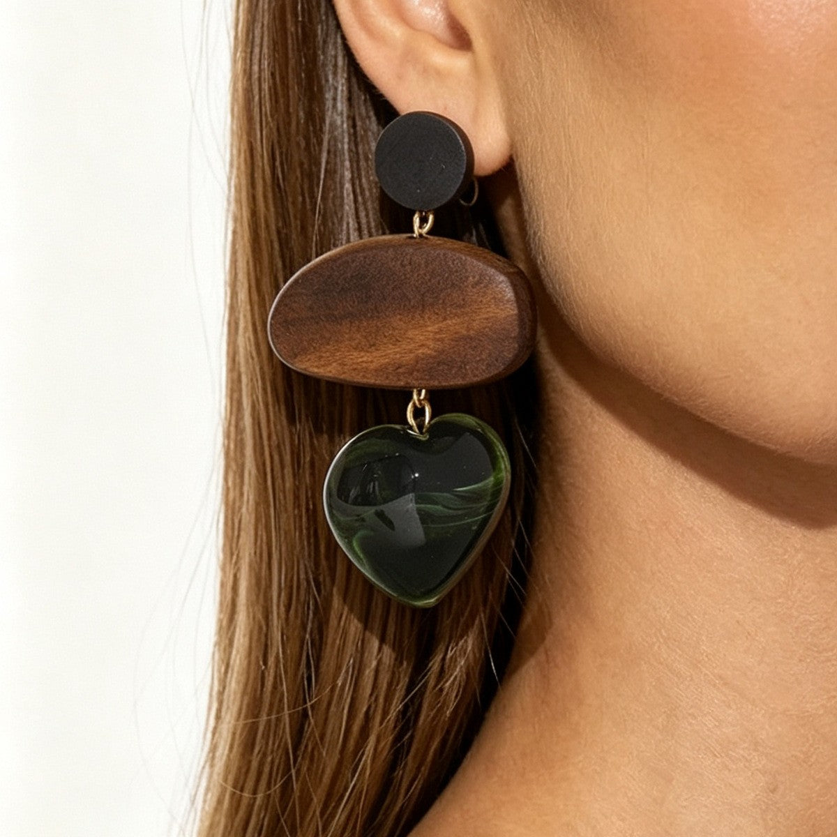 Vintage Wood Red Heart Drop Earrings