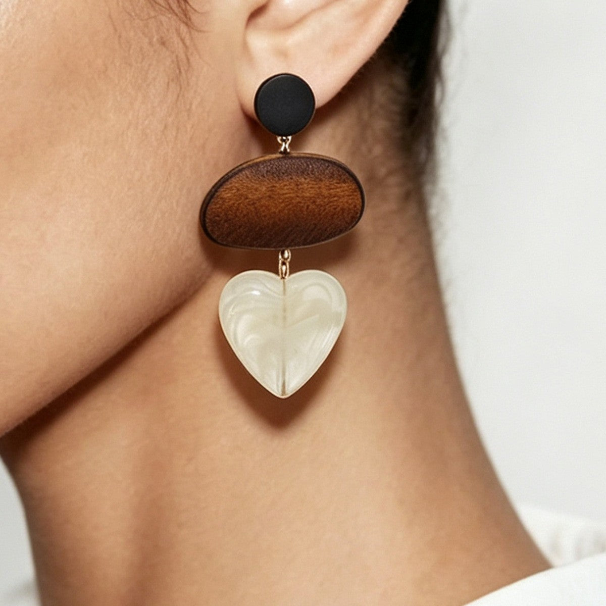 Vintage Wood Red Heart Drop Earrings