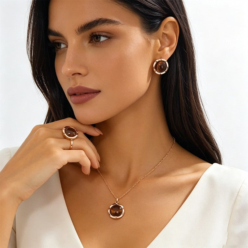 Classy Tiger Eye Round Pendant Necklace, Earring & Ring Set