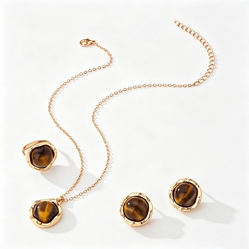 Classy Tiger Eye Round Pendant Necklace, Earring & Ring Set