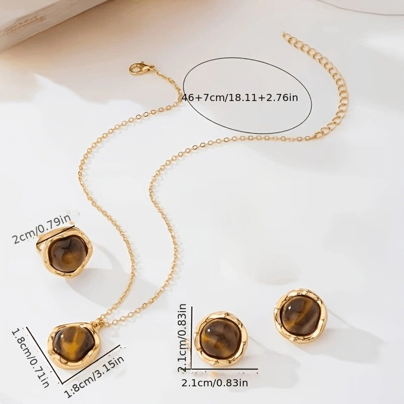 Classy Tiger Eye Round Pendant Necklace, Earring & Ring Set
