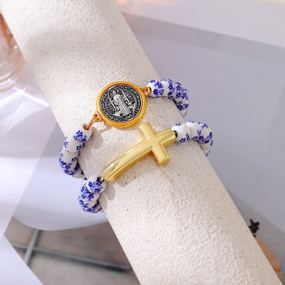 Vintage Blue Porcelain Cross Medal Bracelet