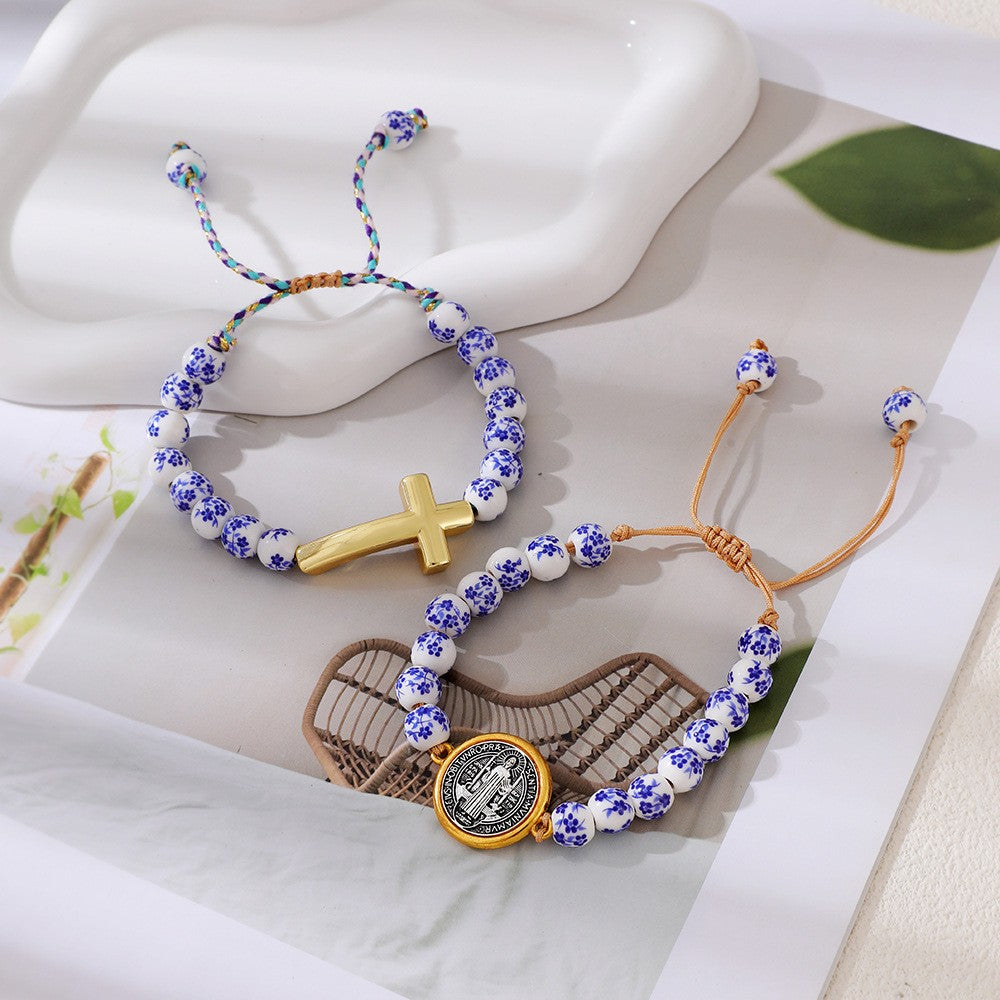 Vintage Blue Porcelain Cross Medal Bracelet