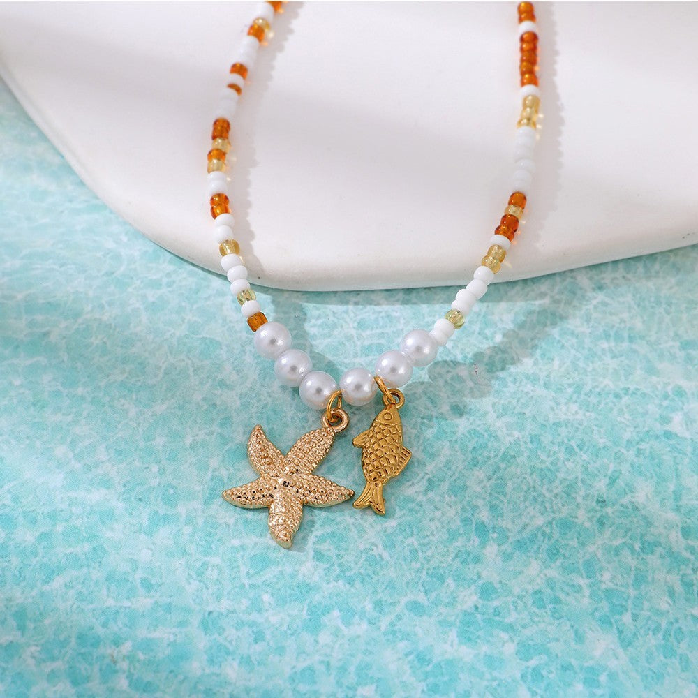 Dainty Pearl Beaded Starfish & Fish Necklace