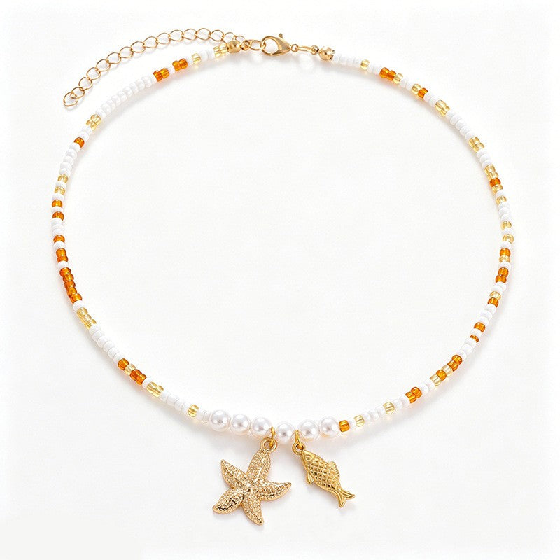 Dainty Pearl Beaded Starfish & Fish Necklace