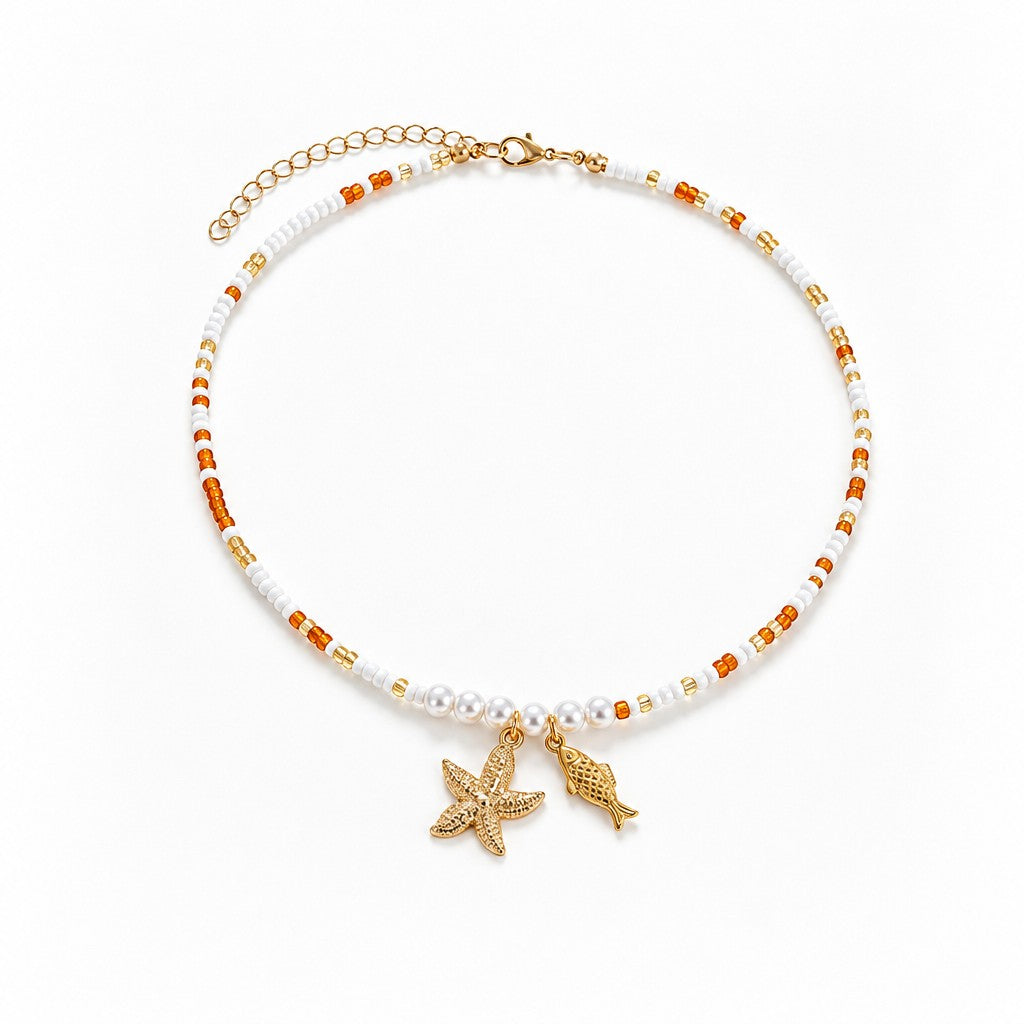 Dainty Pearl Beaded Starfish & Fish Necklace