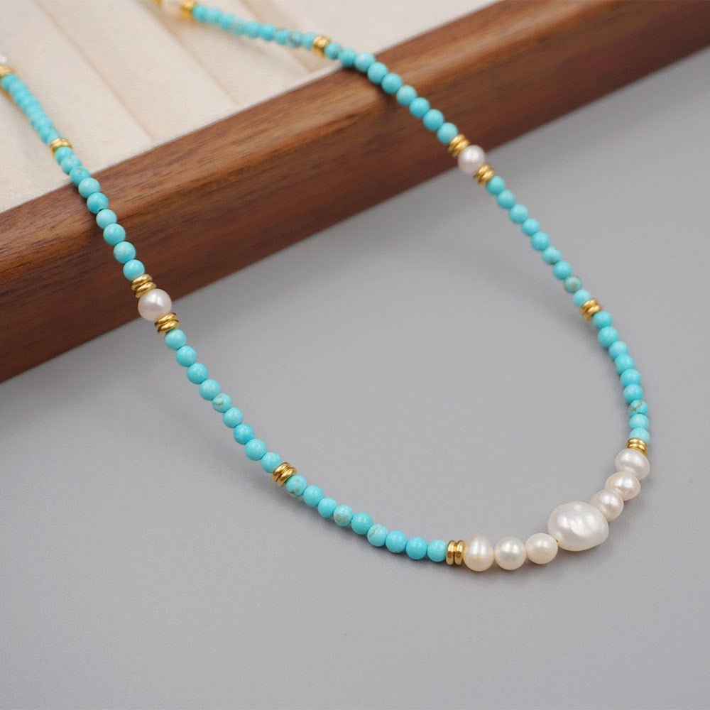 Dainty Turquoise and Pearl Beaded Necklace