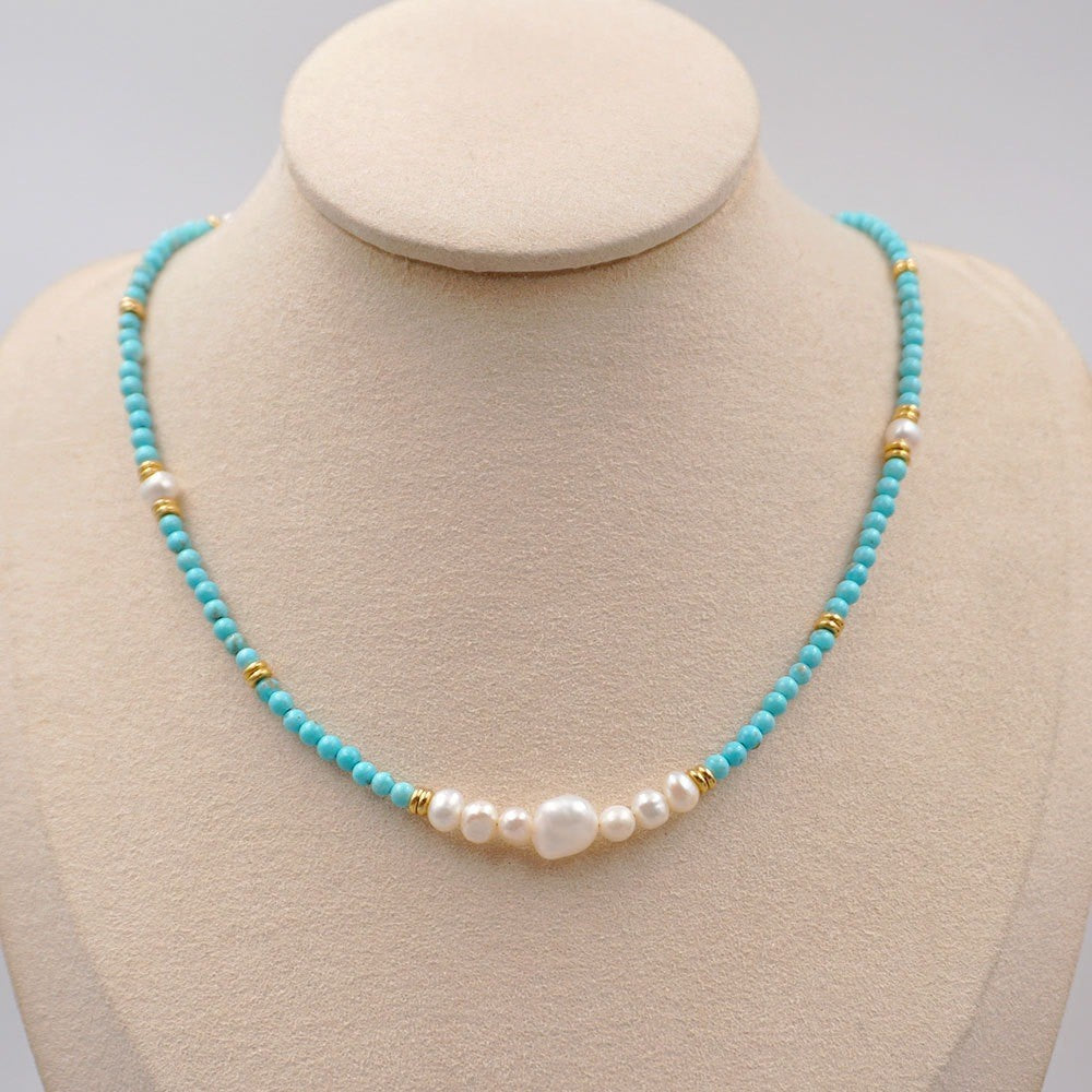 Dainty Turquoise and Pearl Beaded Necklace