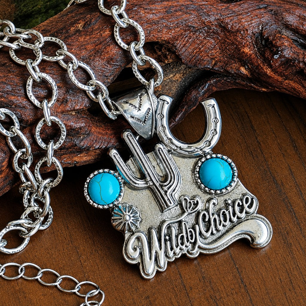 Boho Vintage Cactus & Horseshoe Necklace