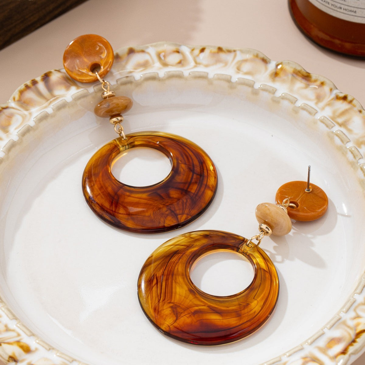 Classy Amber Marbled Acrylic Donut Earrings