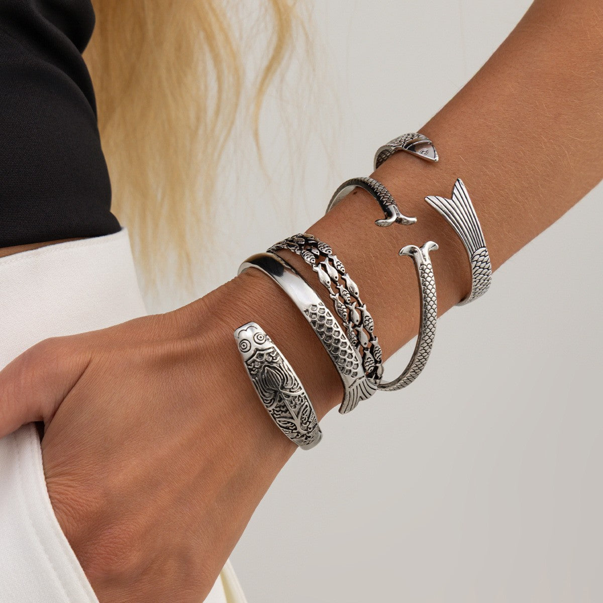 Boho Vintage Fish Open Cuff Bracelet Set