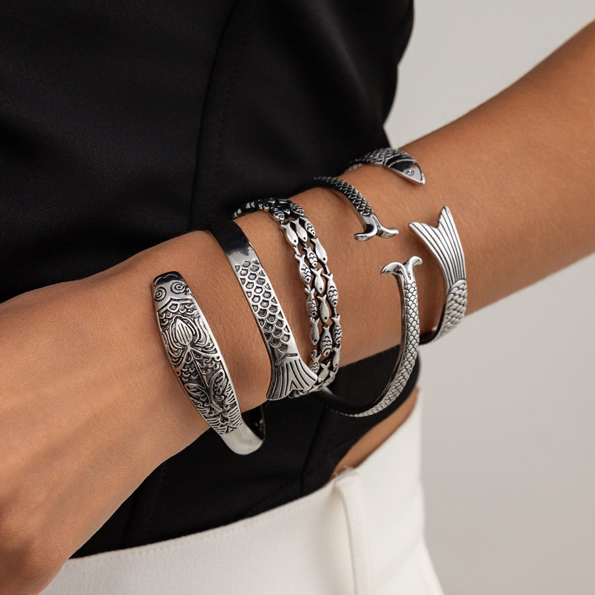 Boho Vintage Fish Open Cuff Bracelet Set