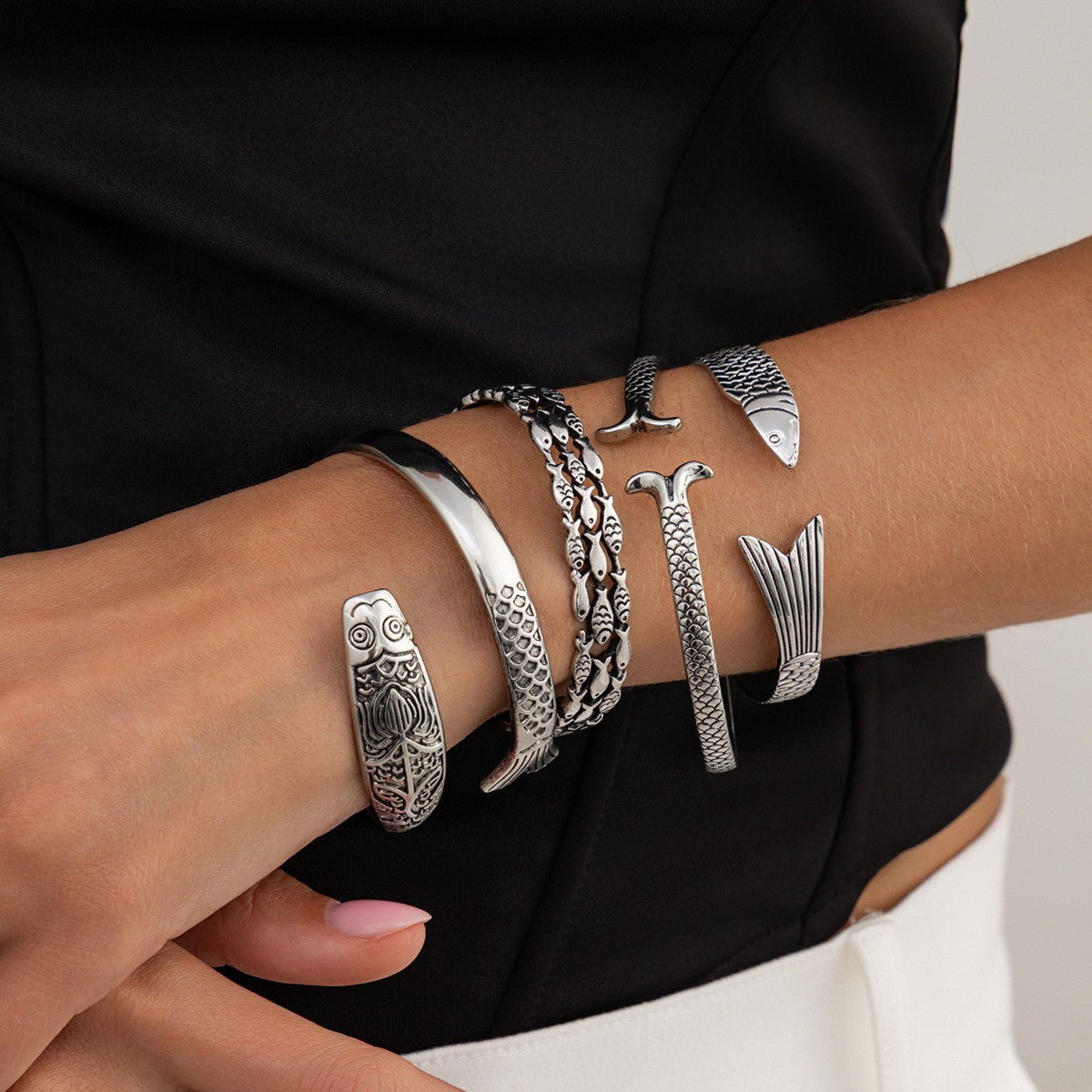 Boho Vintage Fish Open Cuff Bracelet Set