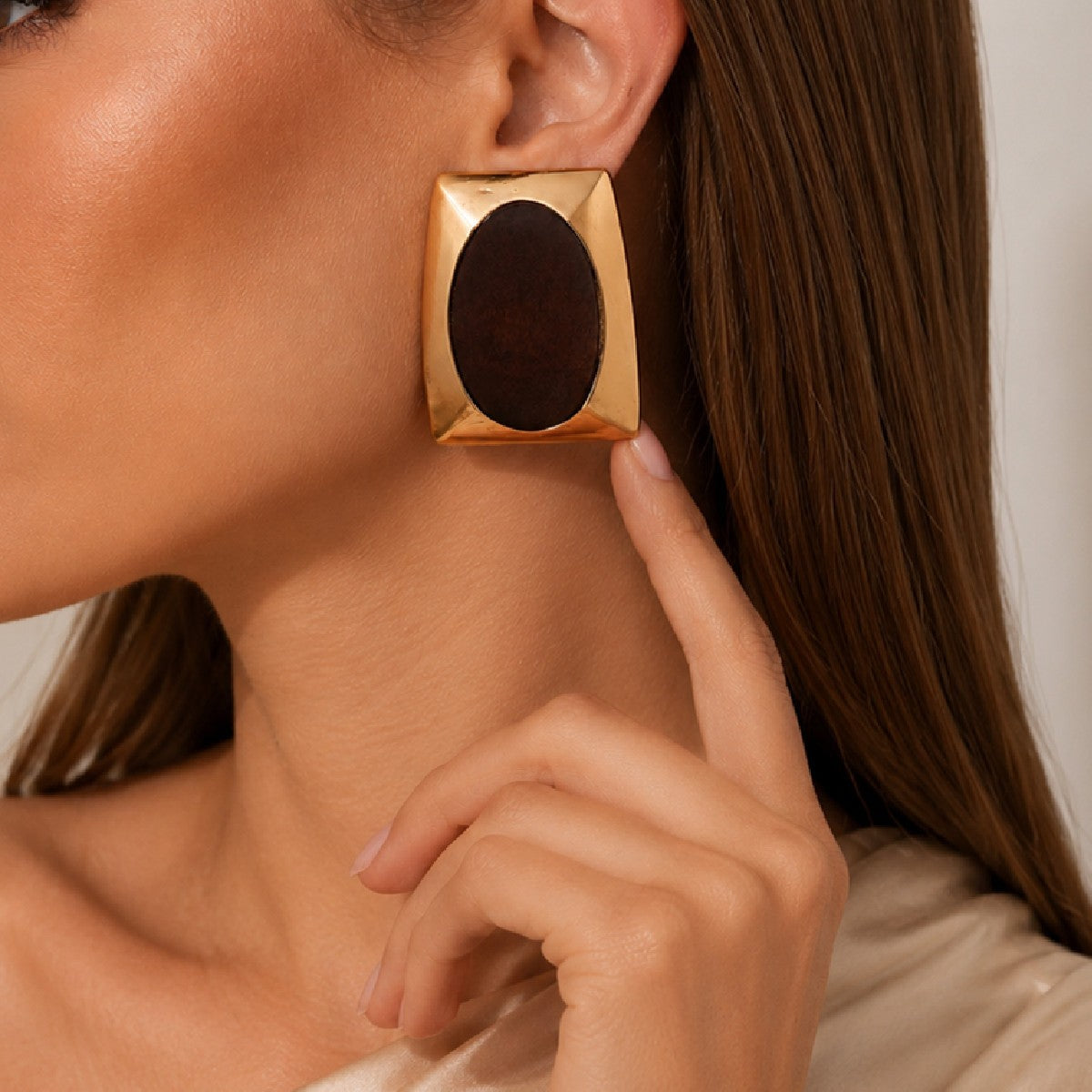 Vintage Geometric Wood Inlay Stud Earrings