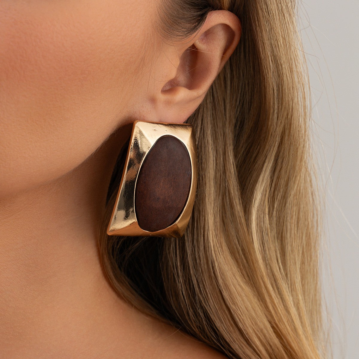 Vintage Geometric Wood Inlay Stud Earrings