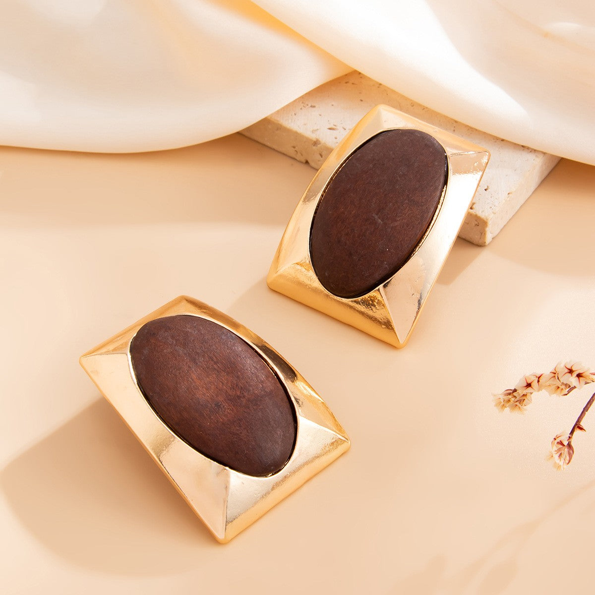 Vintage Geometric Wood Inlay Stud Earrings