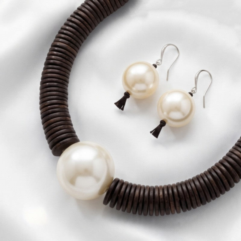 Boho Wood Disc & Pearl Necklace, Earring Set