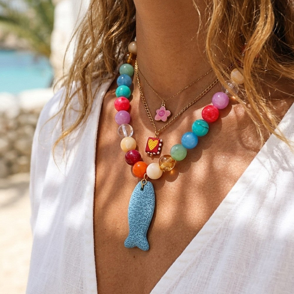 Boho Speckled Blue Fish Beaded Necklace